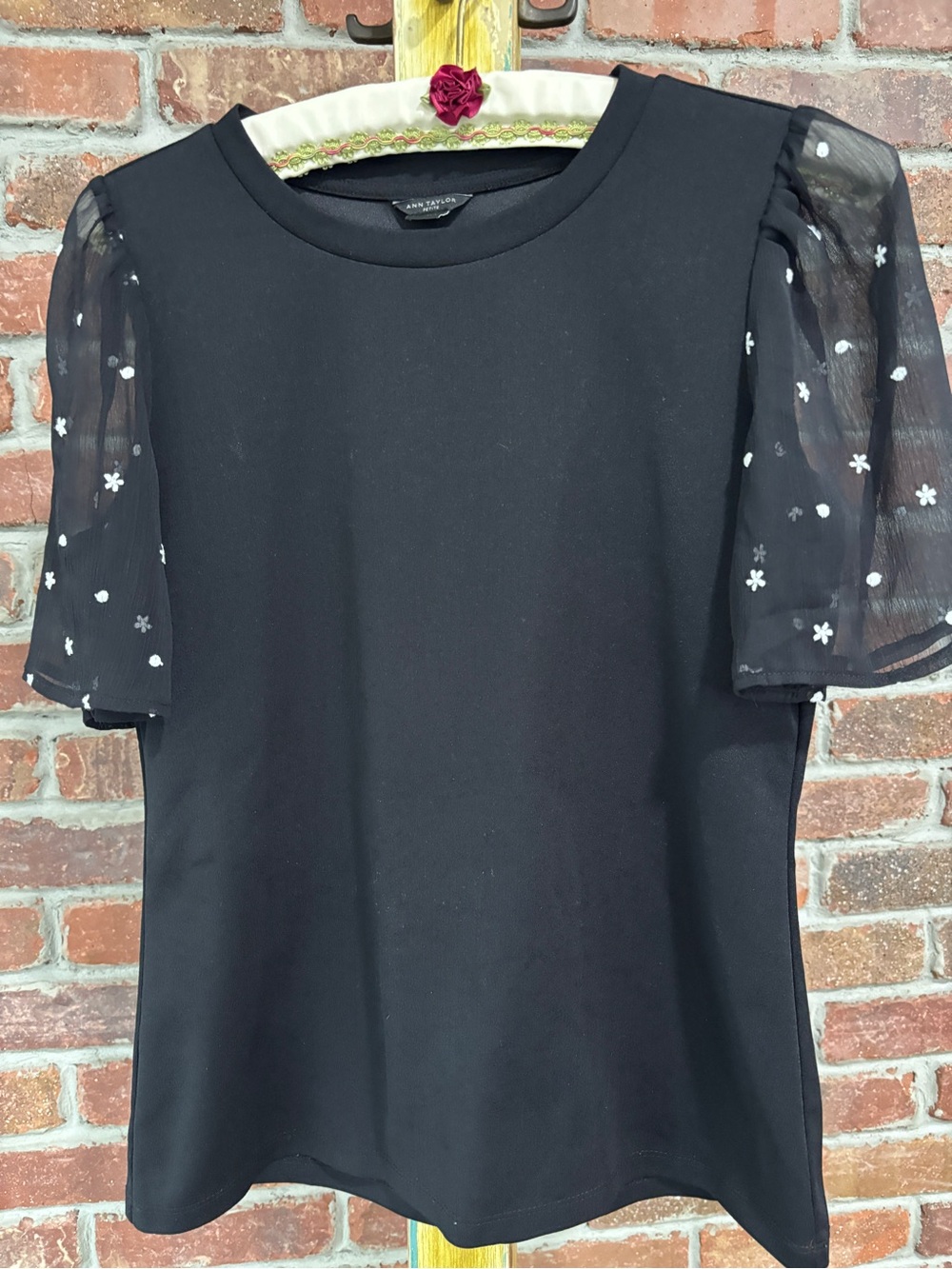 Ann Taylor Petite Black Short-Sleeve Top with Sheer Floral Sleeves